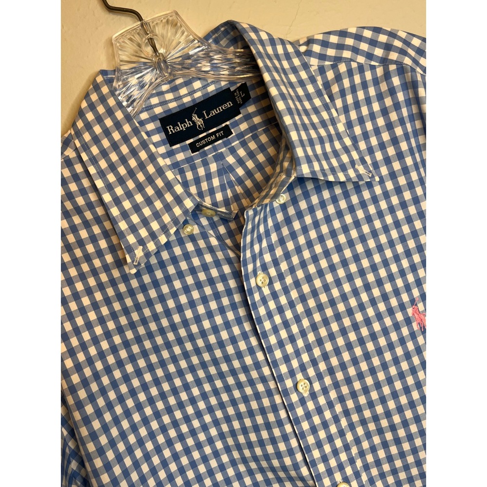 Ralph Lauren Men's Large Custom Fit Gingham Short Sleeve Shirt Pink Pony